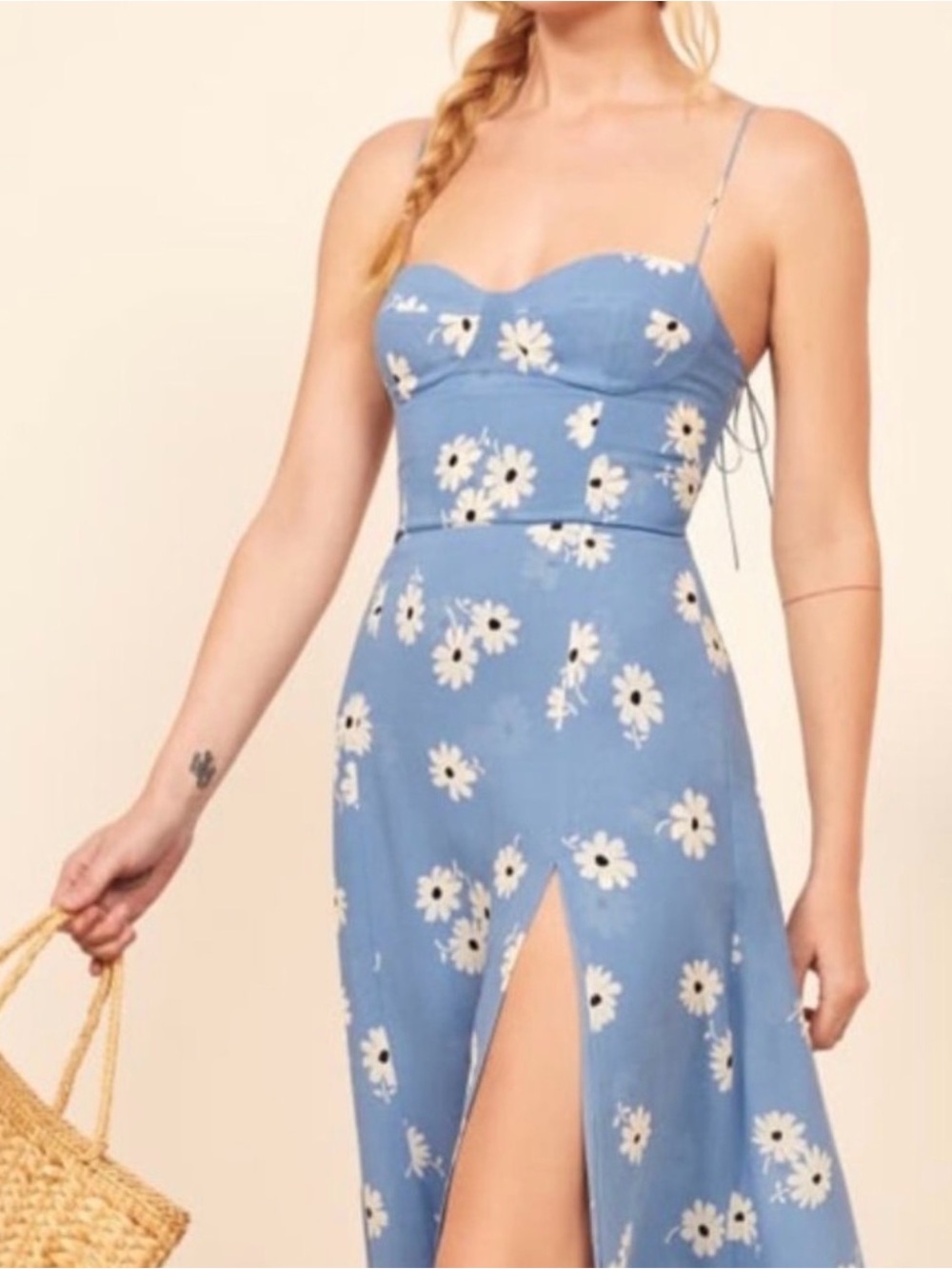 Reformation Blue Daisy Print Spaghetti Strap Midi Dress Size 10